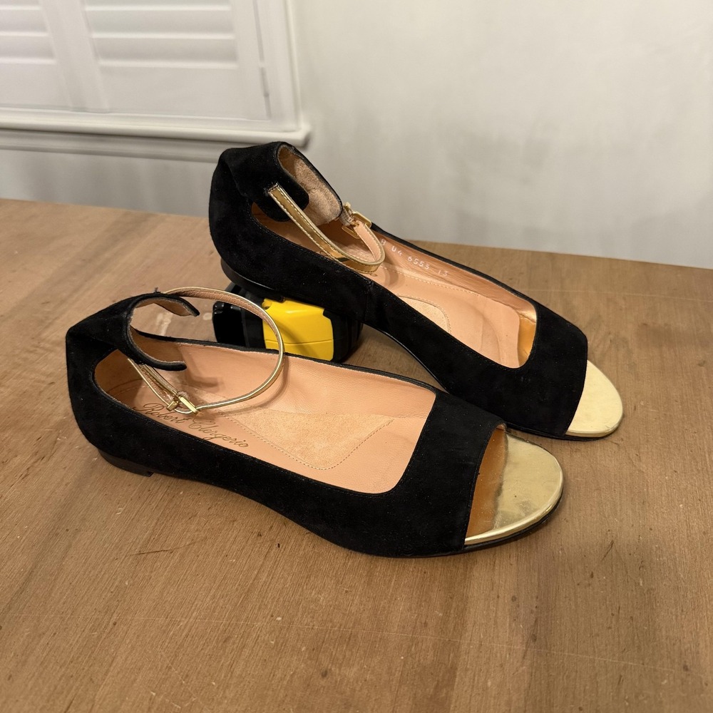 Robert Clergerie Black Suede Flats with Gold Toe Cap